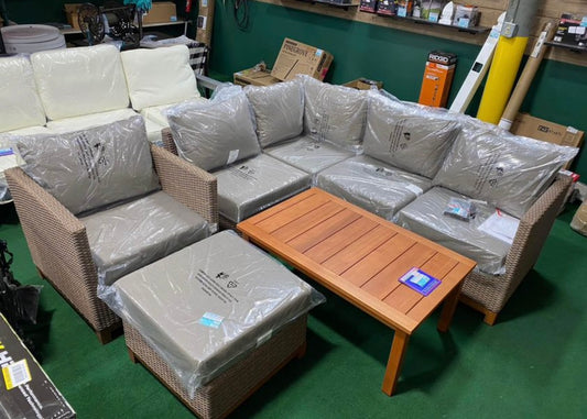 Savana 7-pc Eucalyptus and Wicker Sectional Set with Chair and Coffee Table